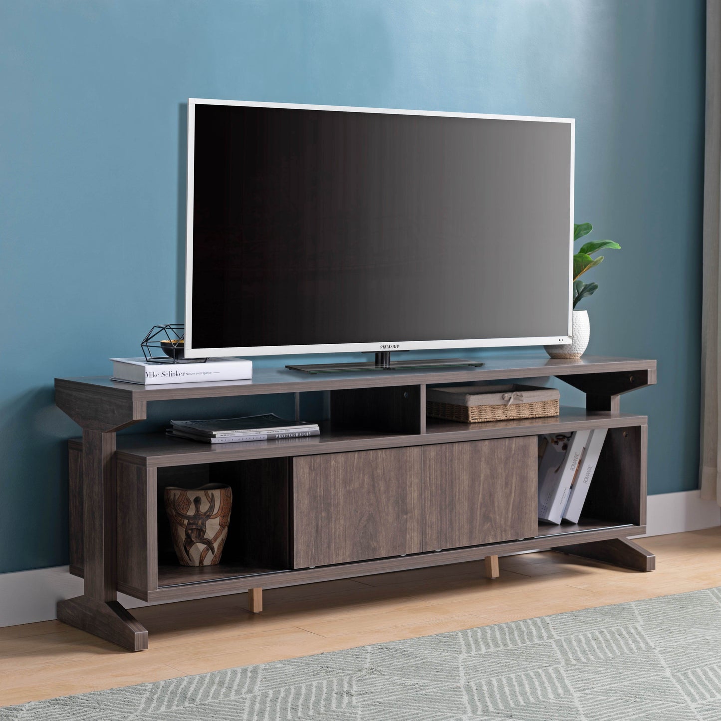 TV Stand With Sliding Doors And Five Shelves Spacious Storage For Media Consoles And Accessories, Sleek And Modern Design - Walnut Brown