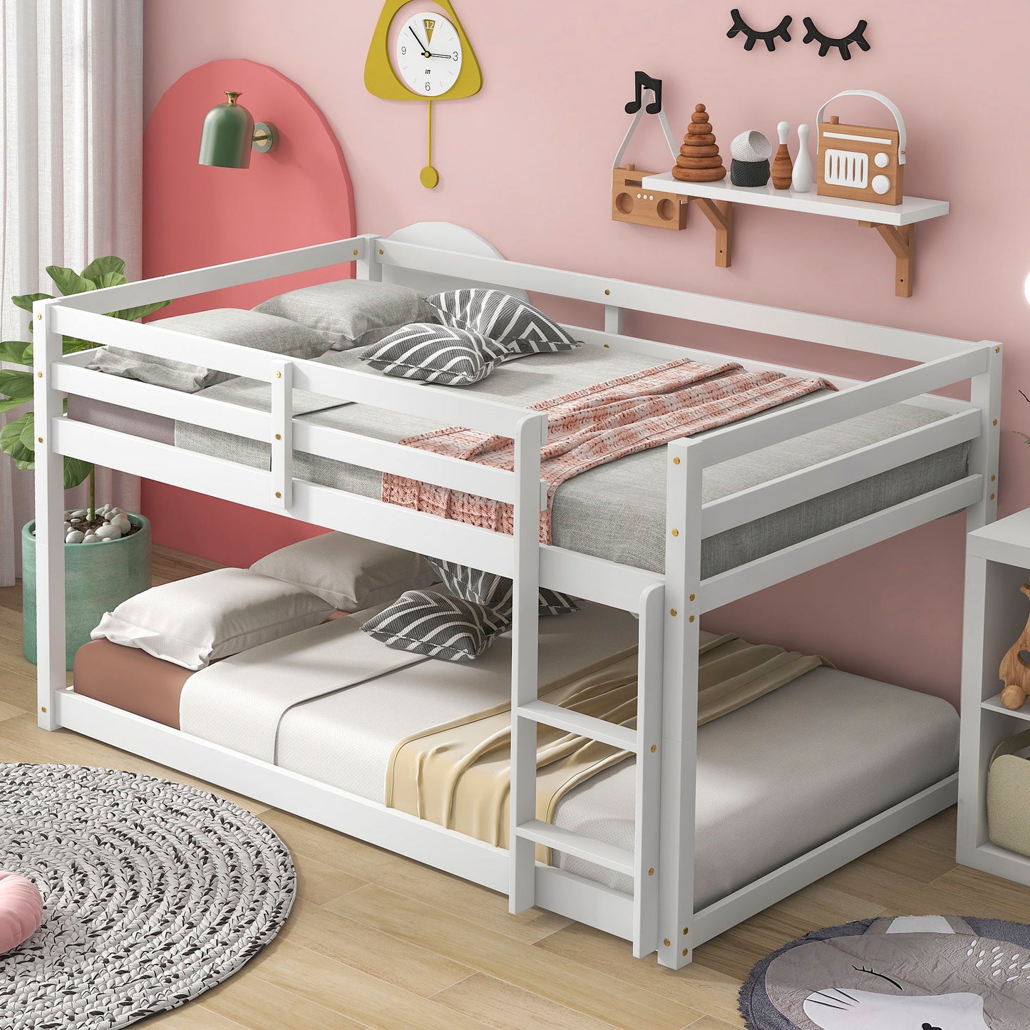 Twin Over Twin Floor Bunk Bed Comfortable - White