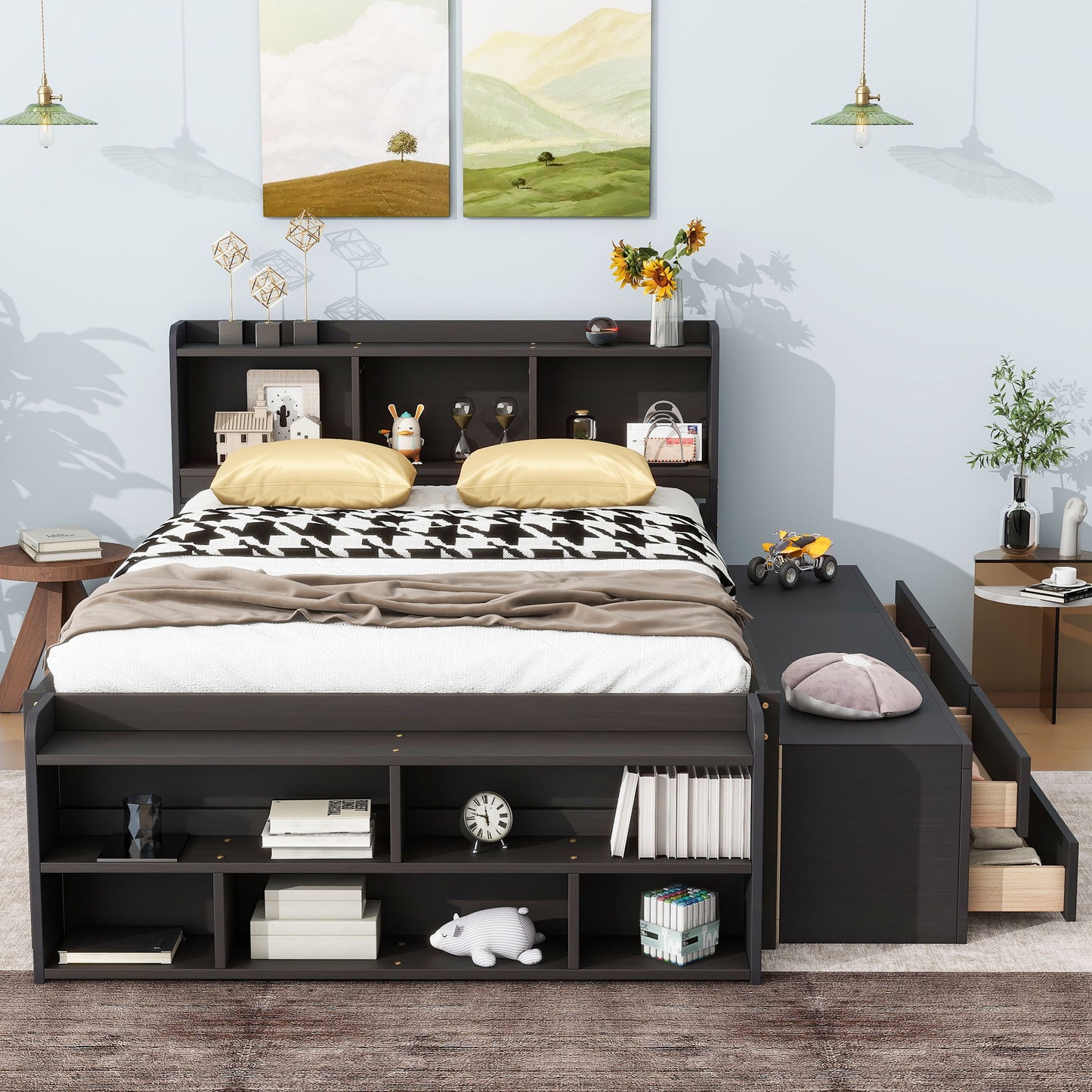 Bed With Bookcase Headboard, Under Bed Storage Drawers And Bed End Storage Case