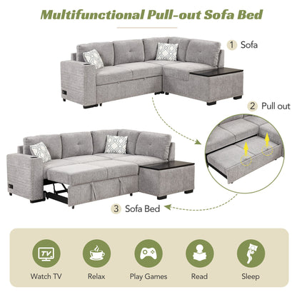 Sectional Pull-Out Sofa Bed L-Shaped Corner Sofa Couch With Storage Chaise, USB Ports, Power Sockets, Cup Holder For Living Room, Bedroom, Study