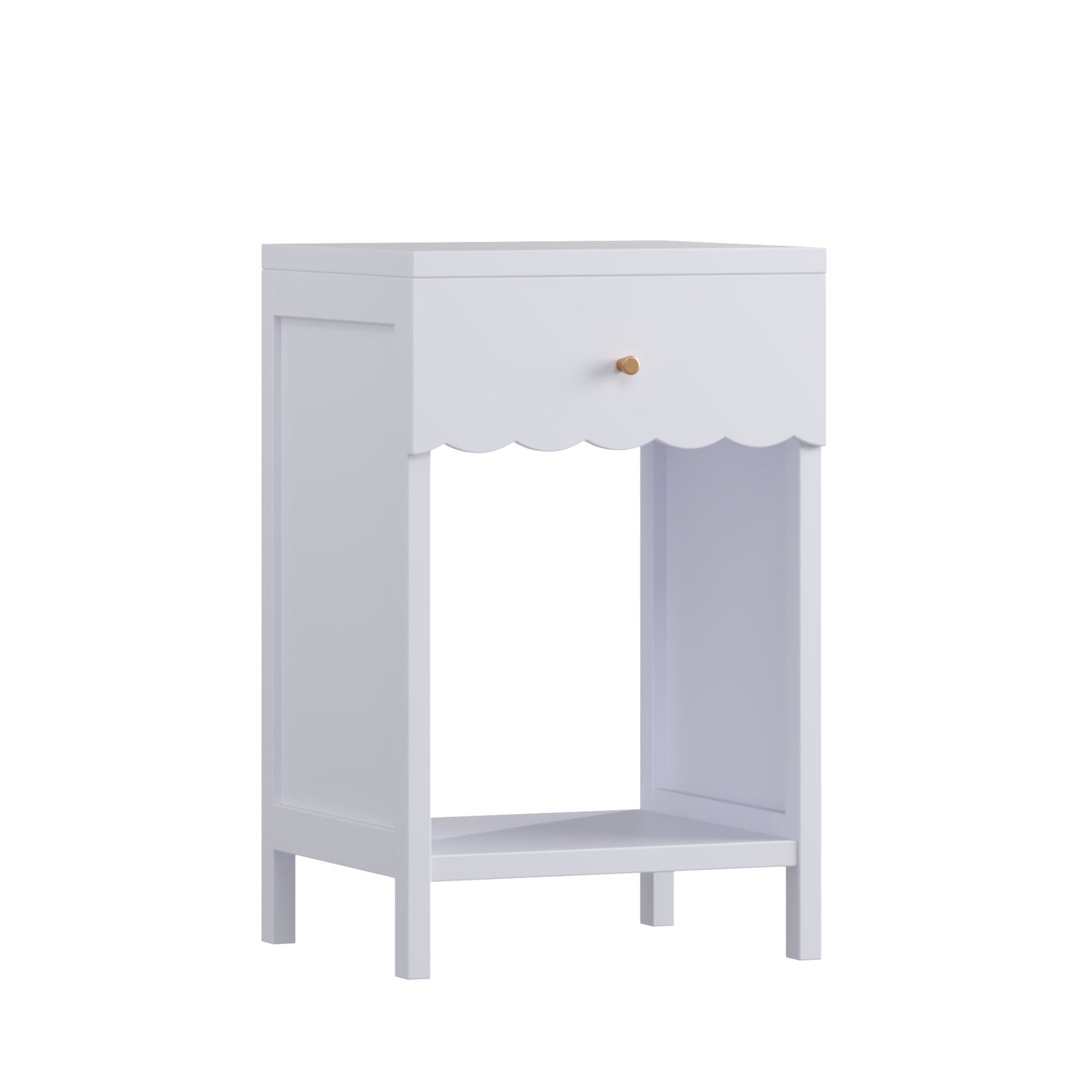 Nightstand With Drawer And Open Shelf, Scalloped Edge Bedside Table