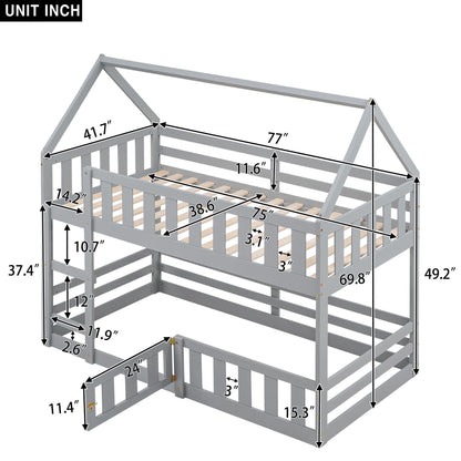 Twin Over Twin House Bunk Bed With Fence And Door