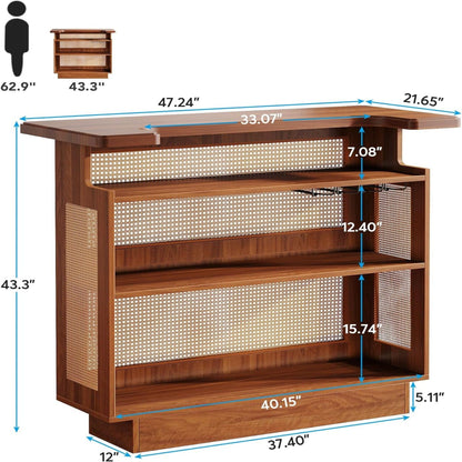 Home Bar Unit With 4 Tier Storage And Stemware Racks For Living Room - Brown