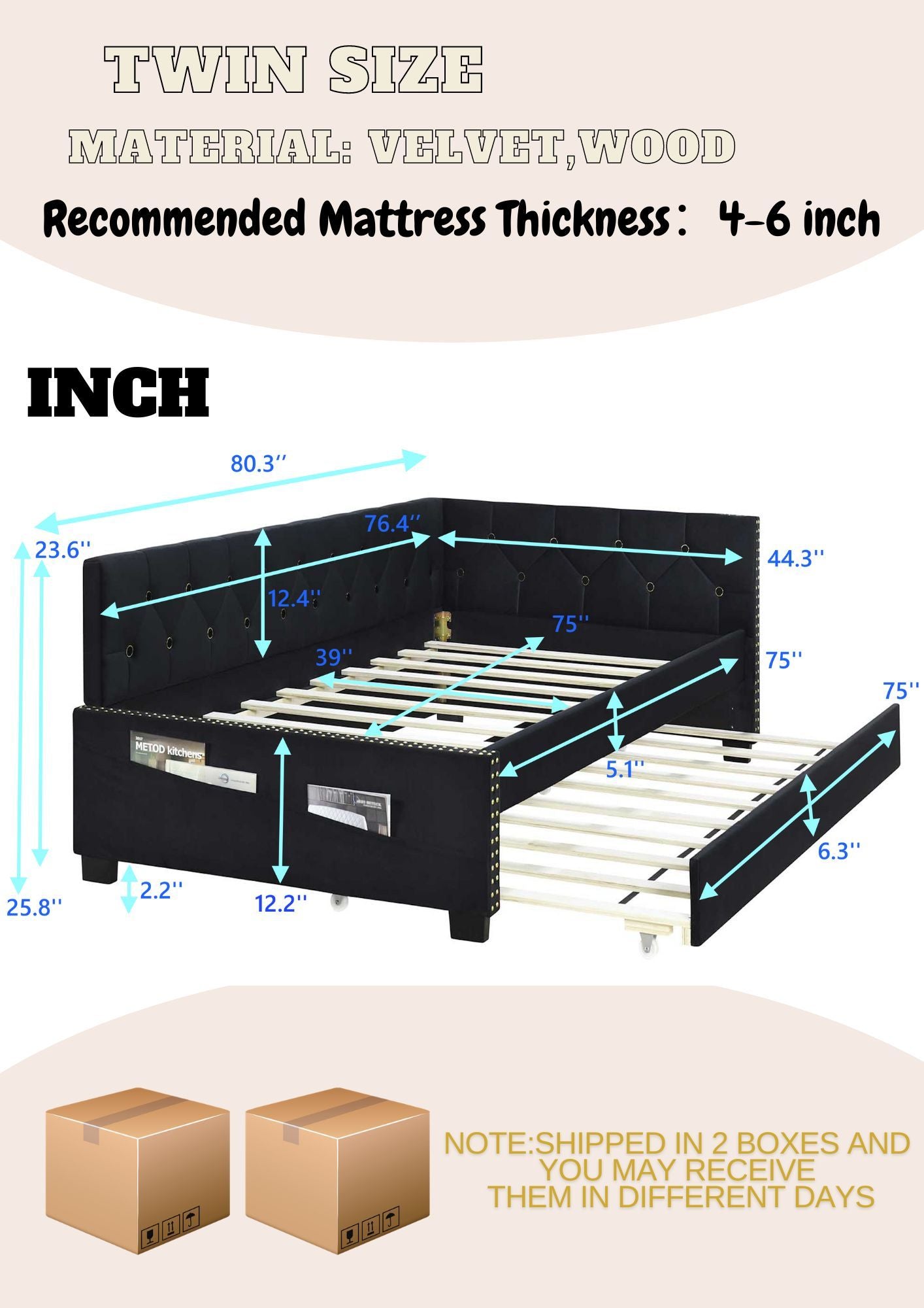 Upholstered Twin Size Daybed Bed Frame (Corner Bed) With Trundle, Velvet Fabric, Studding Design, No Box Spring Required