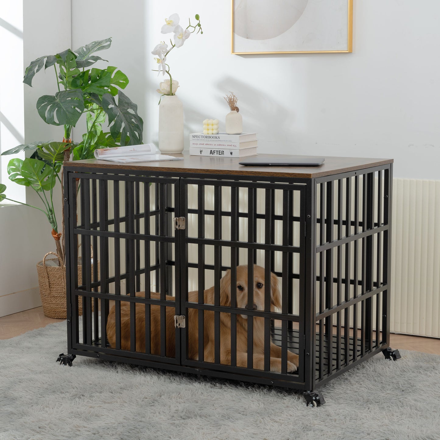 Heavy Duty Dog Crate For Large Medium Dogs, Furniture Style Cage With 4 Lockable Wheels And 2 Locks, Decorative Pet House Wooden Cage Kennel Furniture Indoor - Black