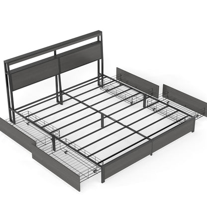 Bed Frame With Headboard, LED Lights & Charging Station