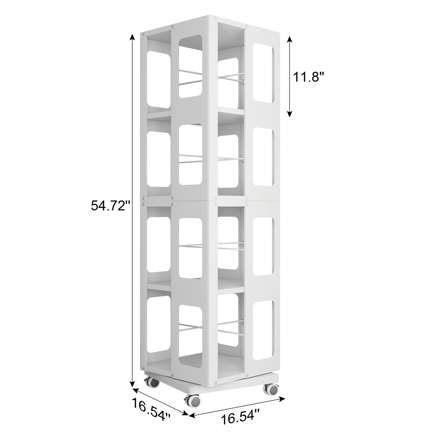 4 Tier All Steel Rotating Bookshelf With 360° Wheels, Large Size Sturdy & Spacious Book Rack, New Style Bookshelf - White