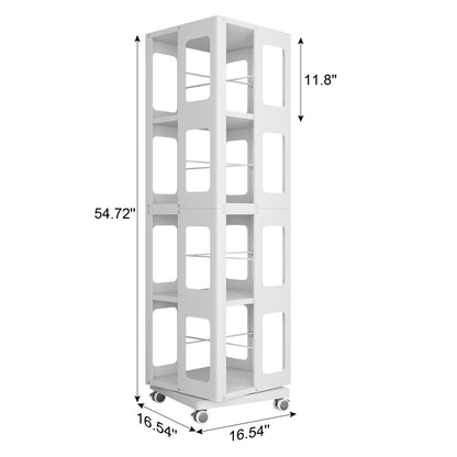 4 Tier All Steel Rotating Bookshelf With 360° Wheels, Large Size Sturdy & Spacious Book Rack, New Style Bookshelf - White
