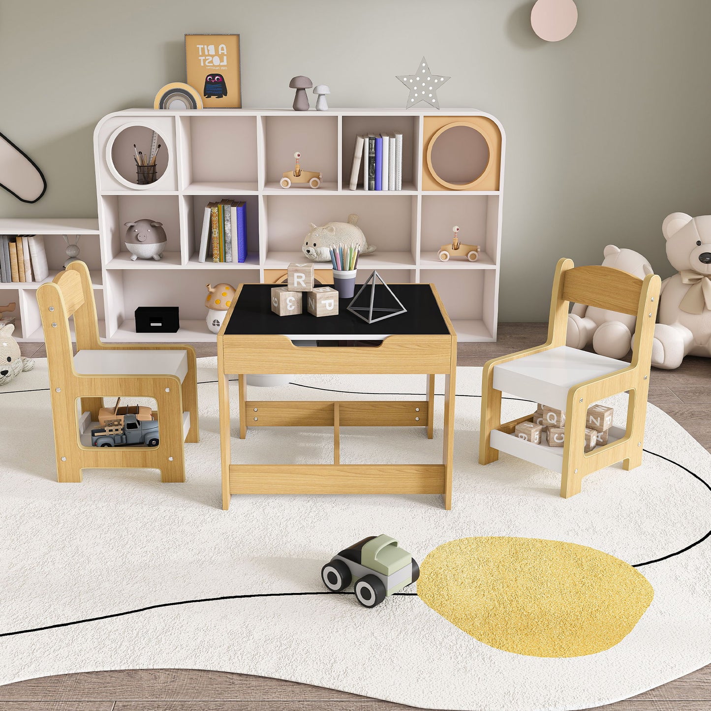 3 In 1 Kids Study Table & Chairs Set Multi Functional Activity Table With Detachable Blackboard Top - Natural Wood