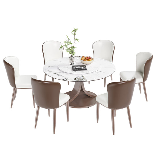 Round Dining Table With 360° Rotating Lazy Susan For Dining Room & Kitchen, 6 Chairs - White