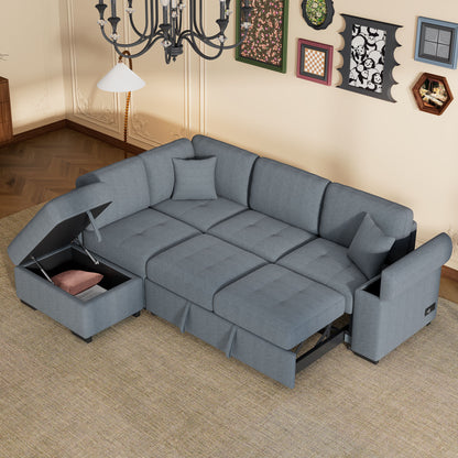 Sleeper Sectional Sofa, L-Shape Corner Couch Sofa Bed With Storage Ottoman & Hidden Arm Storage & USB Charge For Living Room Apartment