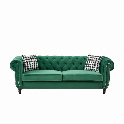 Mid Century Chesterfield Velvet Fabric Sofa With Roll Armrest & Nailhead, Green, 87 Inches