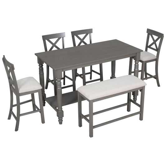 6 Piece Counter Height Dining Table Set With Shelf, 4 Chairs And Bench
