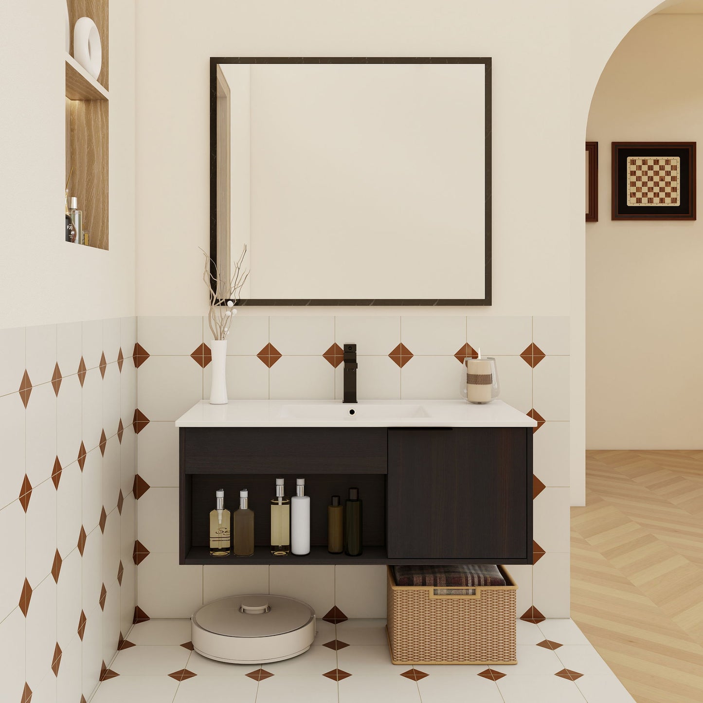 Wall Mounted Floating Bathroom Vanity With Open Shelf & Soft Close Door