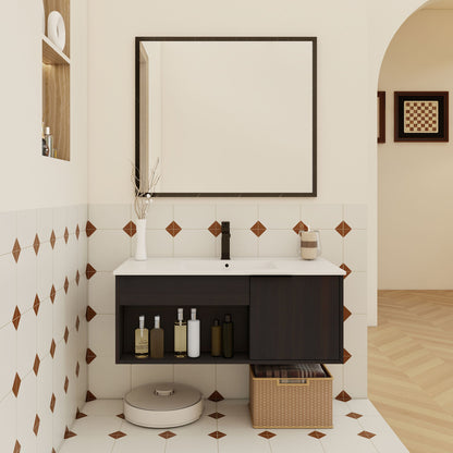 Wall Mounted Floating Bathroom Vanity With Open Shelf & Soft Close Door