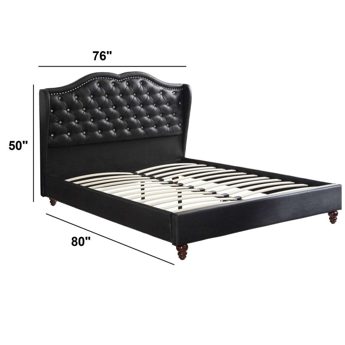 Eastern King Size Bed Set With Curved Wingback Headboard, Button Tufted Upholstered, Frame With Slats - Black