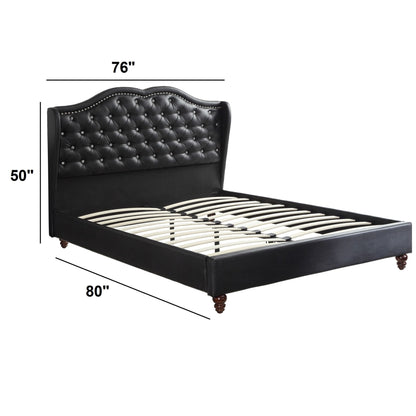 Eastern King Size Bed Set With Curved Wingback Headboard, Button Tufted Upholstered, Frame With Slats - Black