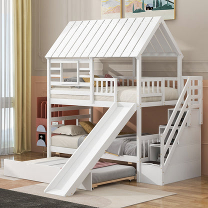 House Bunk Bed With Trundle, Storage Staircase, Roof And Window Design
