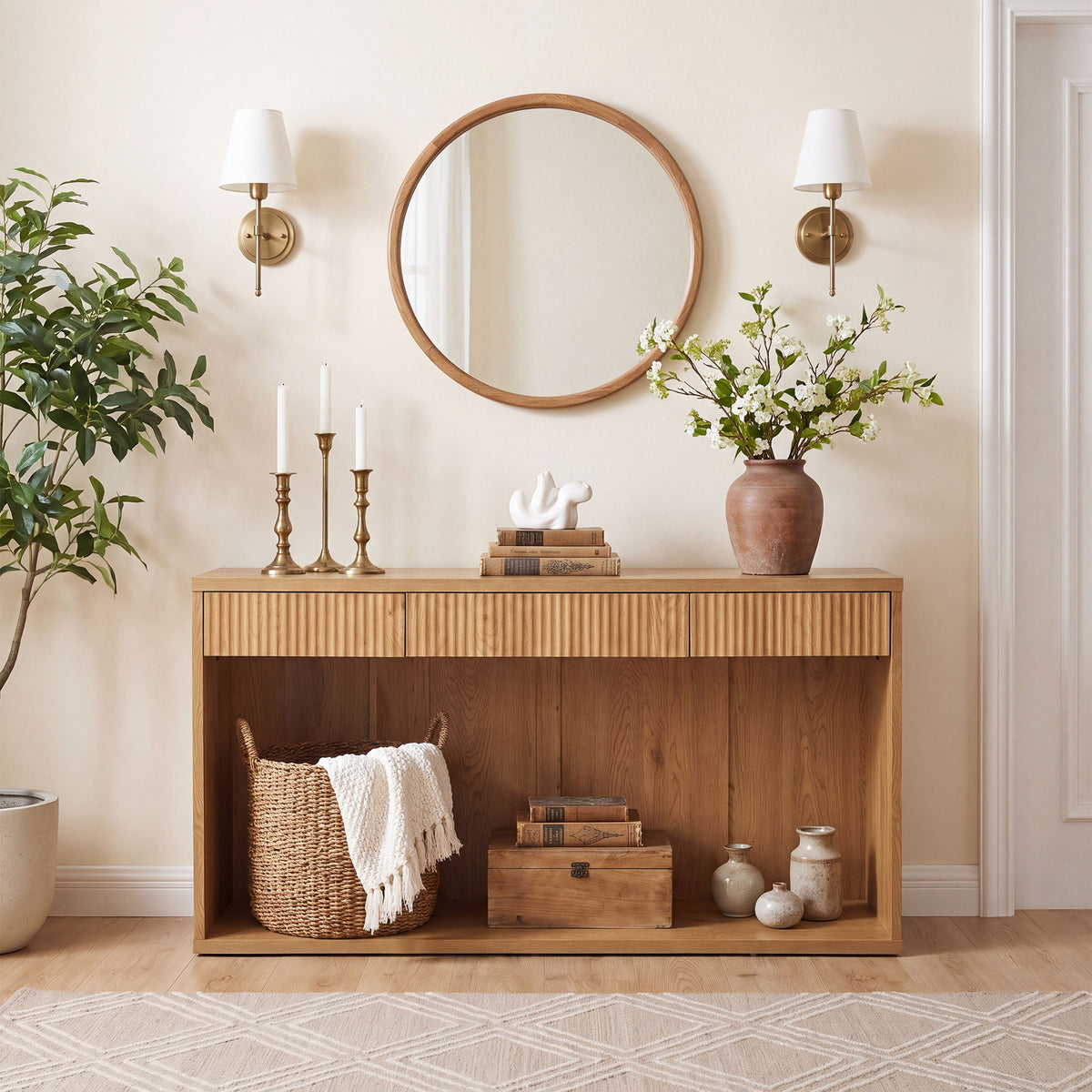 Fluted Console Table With 3 Drawers, Long Sofa Table Behind Couch For Living Room