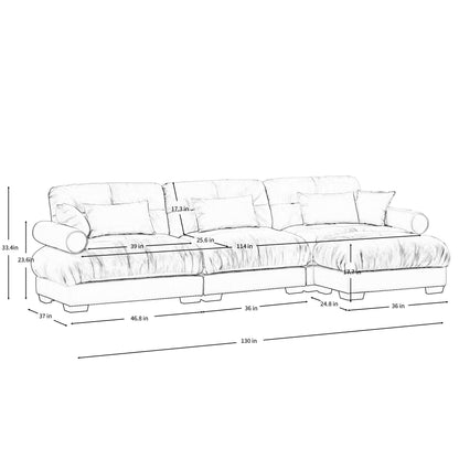 Modern Sectional Sofa With Ottoman, Round Bolster Armrests, Waist And Throw Pillows