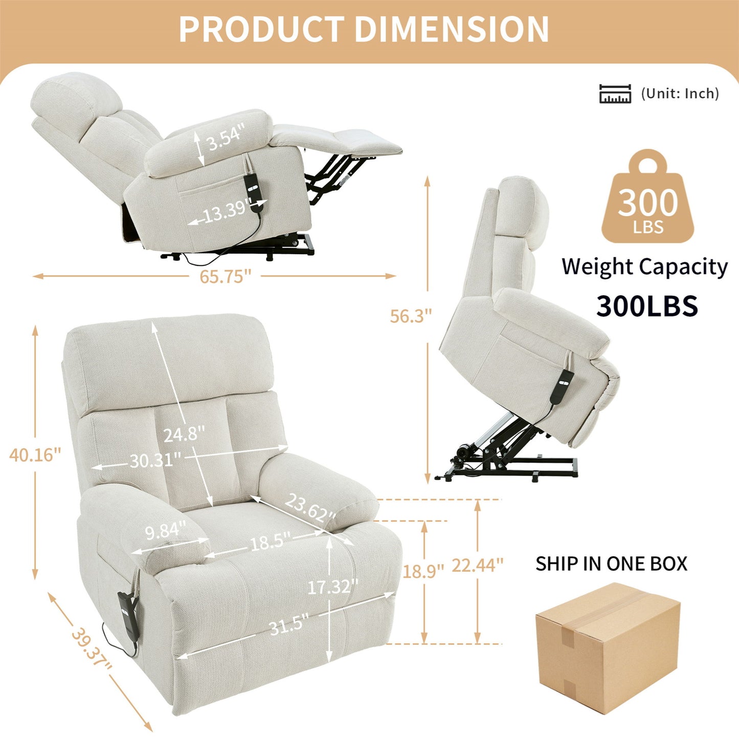 Oversized Power Lift Recliner Chai With Remote Control, Side Pocket, Spacious Seat