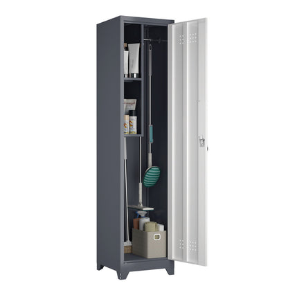 Broom Storage Cabinet Narrow Slim With Hooks And Shelves, Heavy-Duty