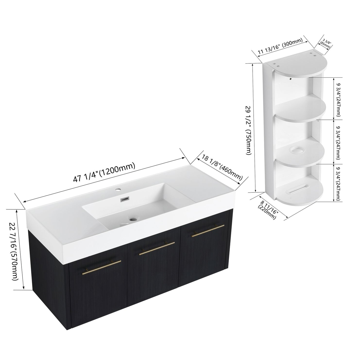 Modern Wall Mounted Bathroom Vanity With Thick Edge Resin Sink And Storage Rack