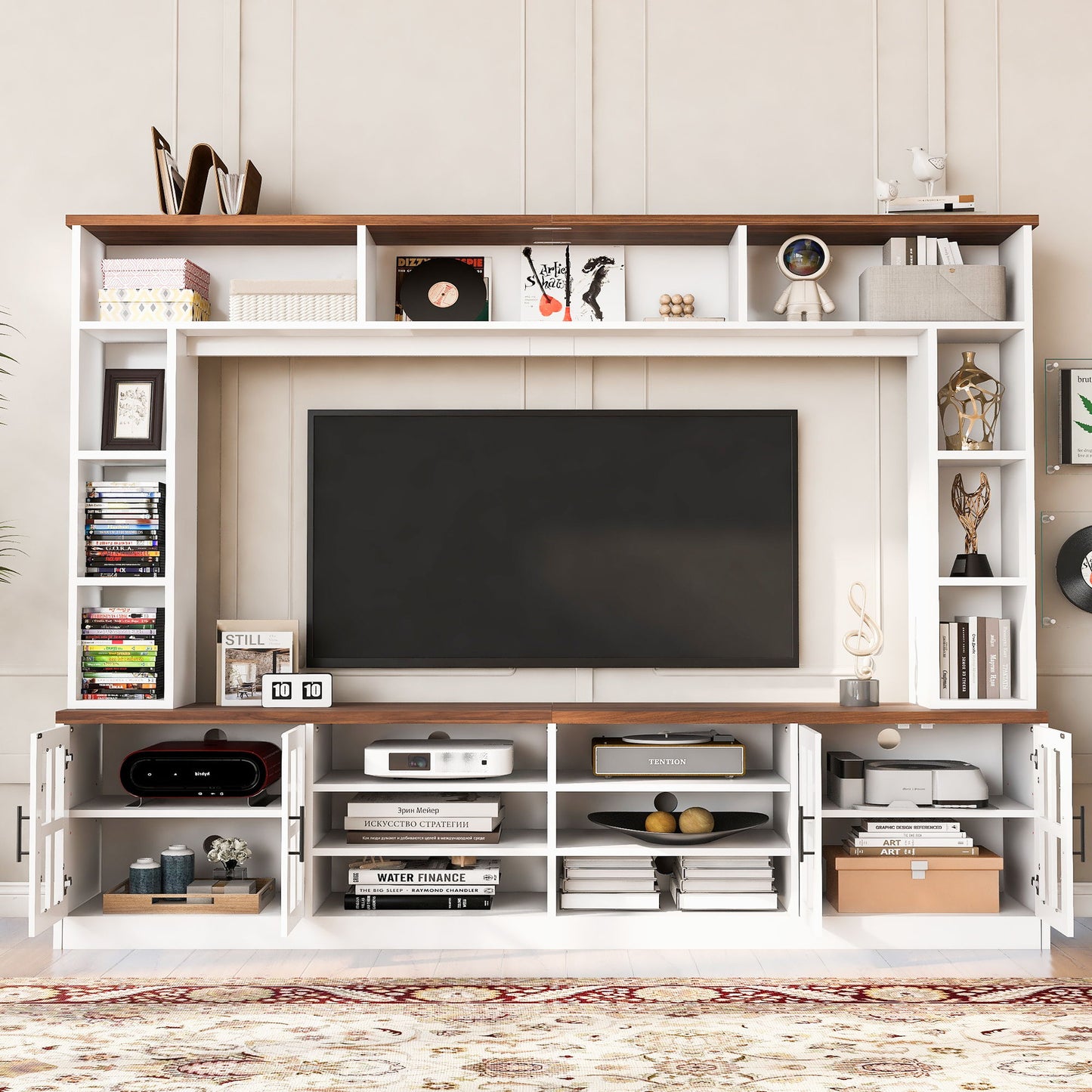 Wall Unit Entertainment Center With Bookshelves For TVs Up To 80", Tempered Glass Doors And Adjustable Shelves