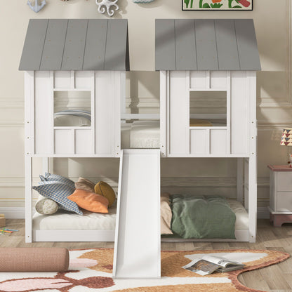 Twin Over Twin House Bunk Bed With Slide And Windows - White / Gray