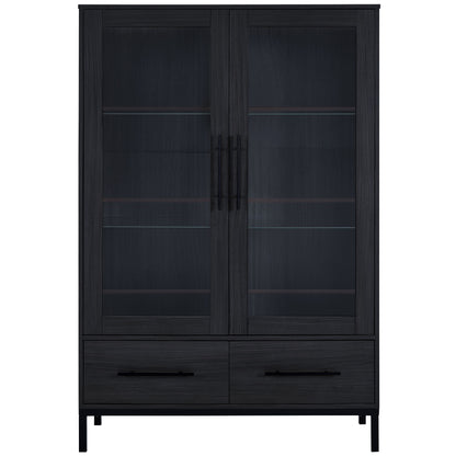 Modern Style Tall Display Cabinet With LED Lighting, Tempered Glass Door, 2 Drawers