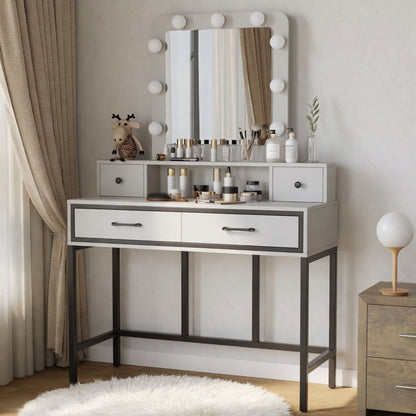 Vanity Desk With 3 Color Lighted Mirror And 4 Drawers