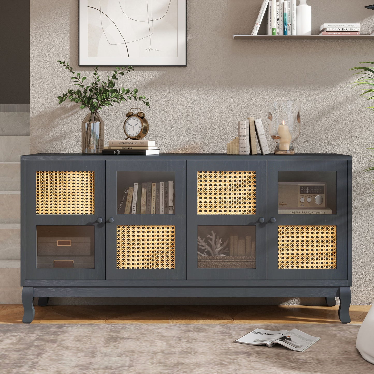 Retro Industrial 4 Door Sideboard With Large Storage, Rattan And Glass Doors