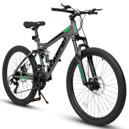 A2660 Mountain Bike 26" Wheels, 21 Speed Full Suspension Mens Womens Trail Commuter City Mountain Bike, Carbon Steel Frame Disc Brakes Thumb Shifter Front Fork Rear Shock Absorber Bicycles