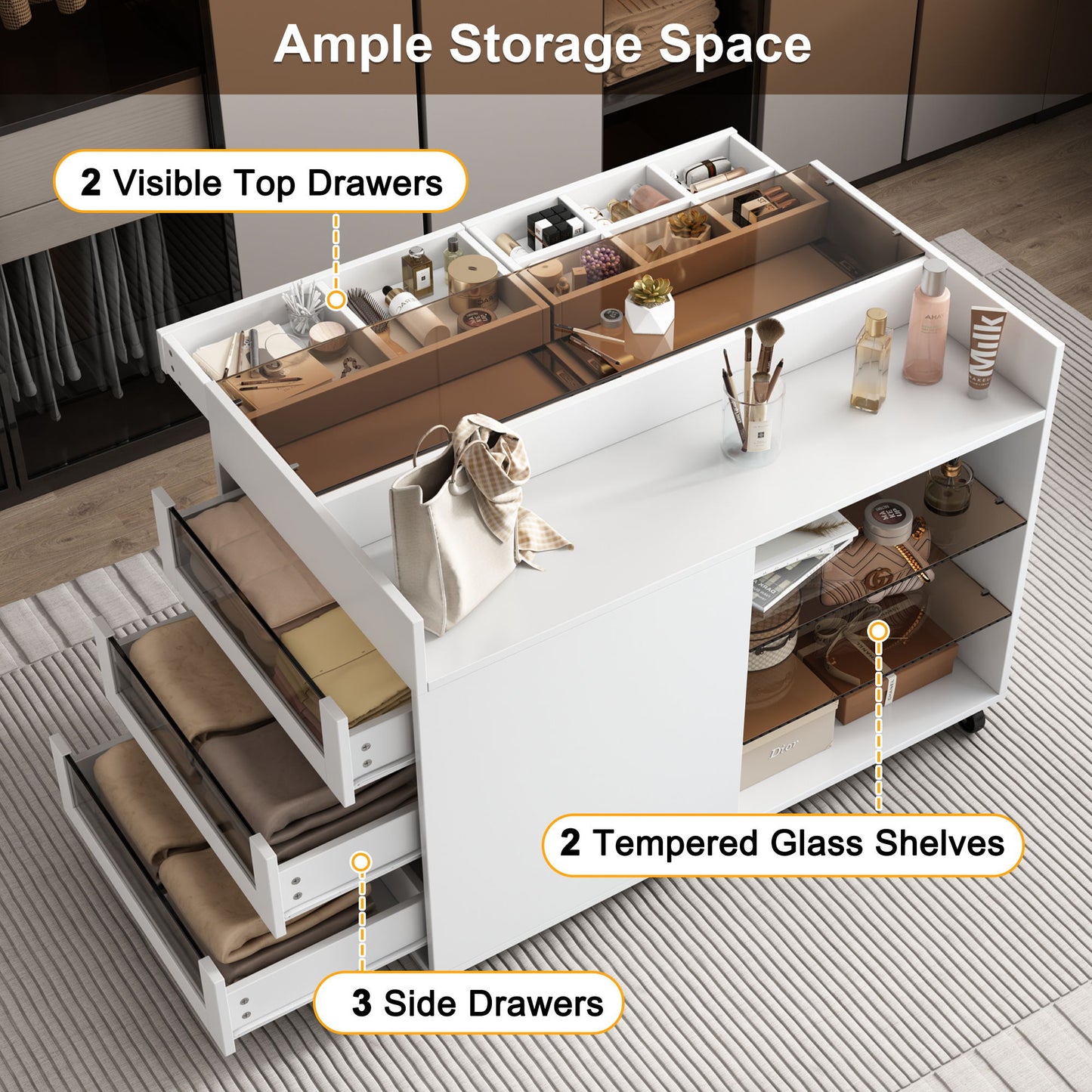 Multi-Functional Storage Island Movable Storage Cabinet Island Vanity Dresser With 3 Side Storage Drawer, A Reversible Top Storage Space And 2 Glass Display Shelves - White
