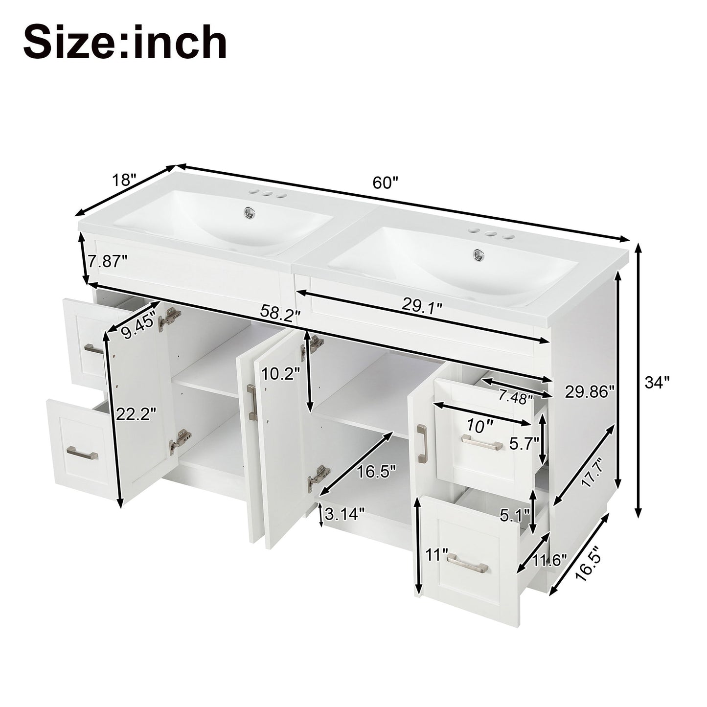 Bathroom Vanity With 2 Doors, 2 Drawers, Adjustable Shelf, Hidden Slides & Soft Close Hinges