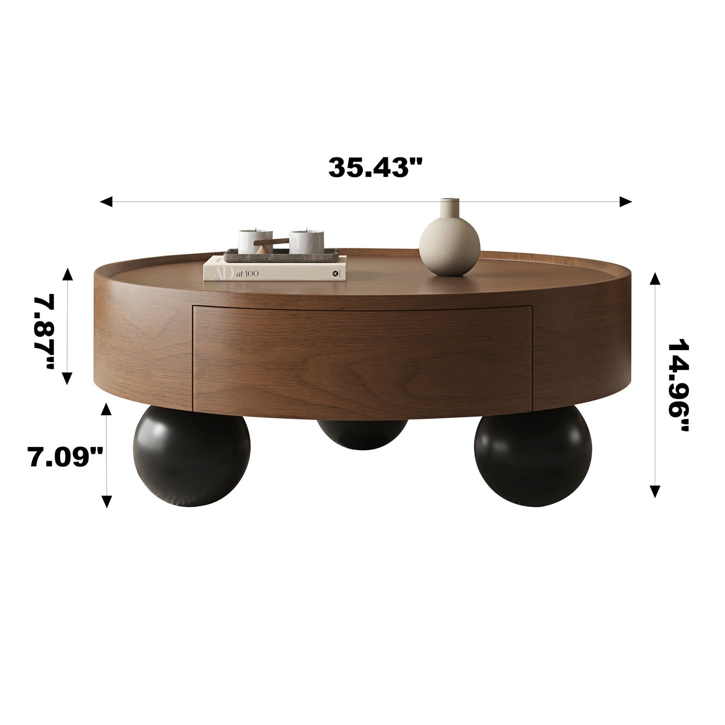 Round Coffee Table With Storage Drawer And Ball Feet - Walnut / Black