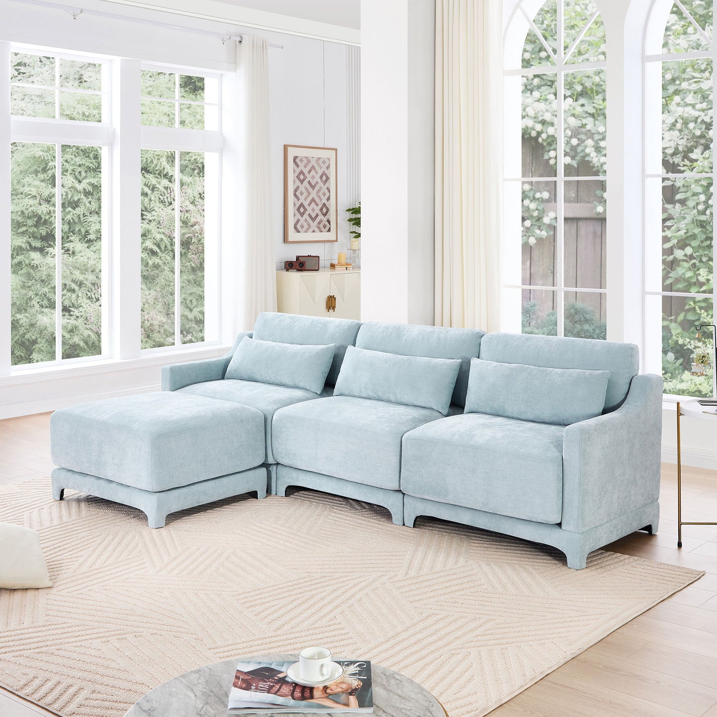 Stylish Sofa With Ottoman And Lumbar Pillows, Ergonomic Design