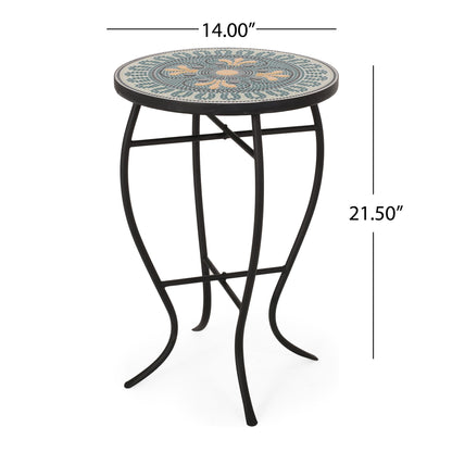 Outdoor Side Table With Tile Mosaic Table Top - Black