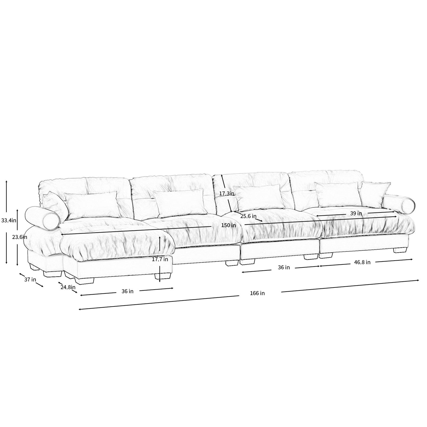 Modern Sectional Sofa With Ottoman, Round Bolster Armrests, Waist And Throw Pillows