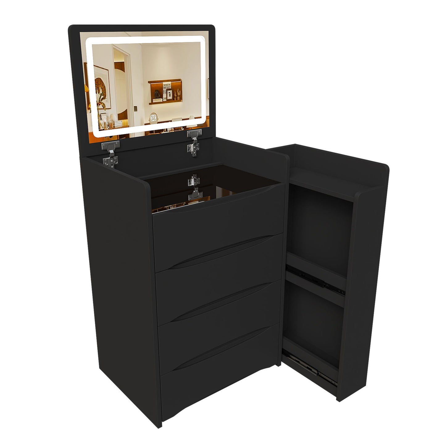Flip Mirror Vanity Desk With Adjustable LED Lights & Stool For Bedroom