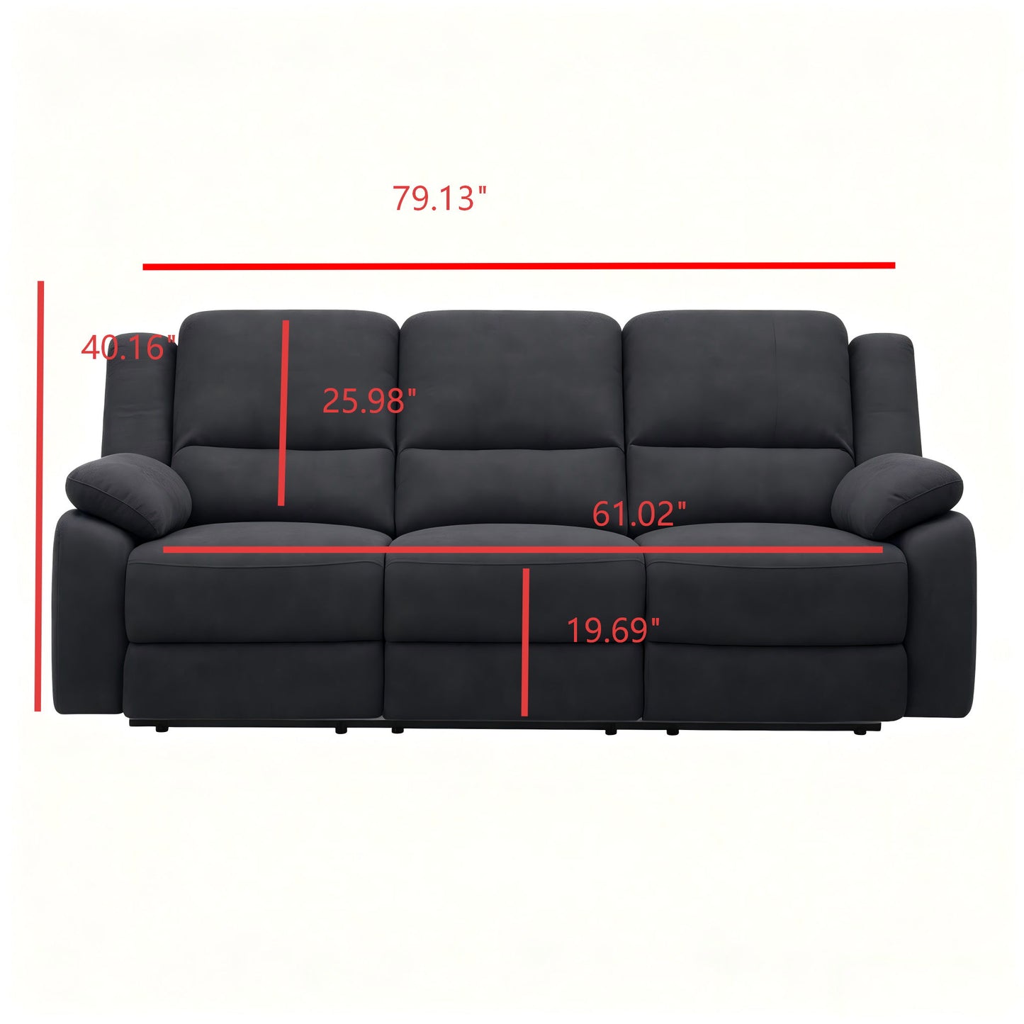 3 Seat Manual Reclining Sofa With Deep Recline - Black