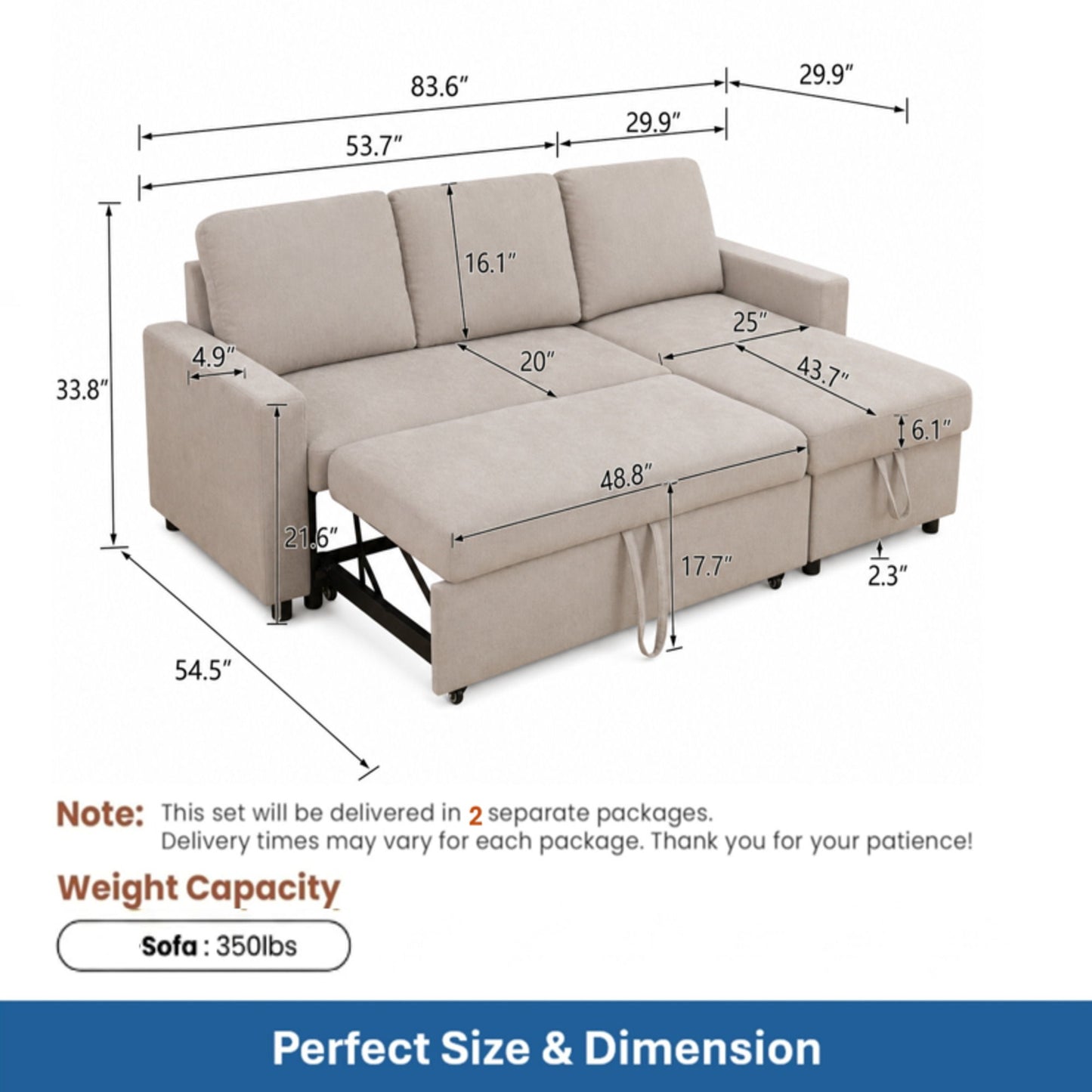 L - Shaped Convertible Sofa Bed With Storage Chaise
