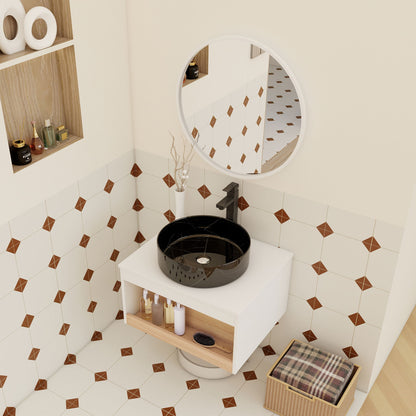 Floating Bathroom Vanity With Vessel Sink With Open Shelf Storage