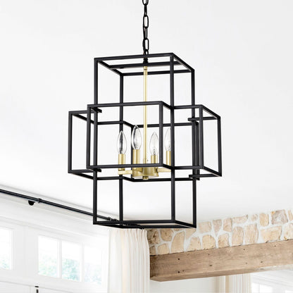 4 Light Metal Lantern Tiered Pendant Hanging Light Fixtures, Industrial Farmhouse Adjustable Height Chandeliers For Dining Room Hallway Foyer Entryway (E12 Bulbs Not Included)