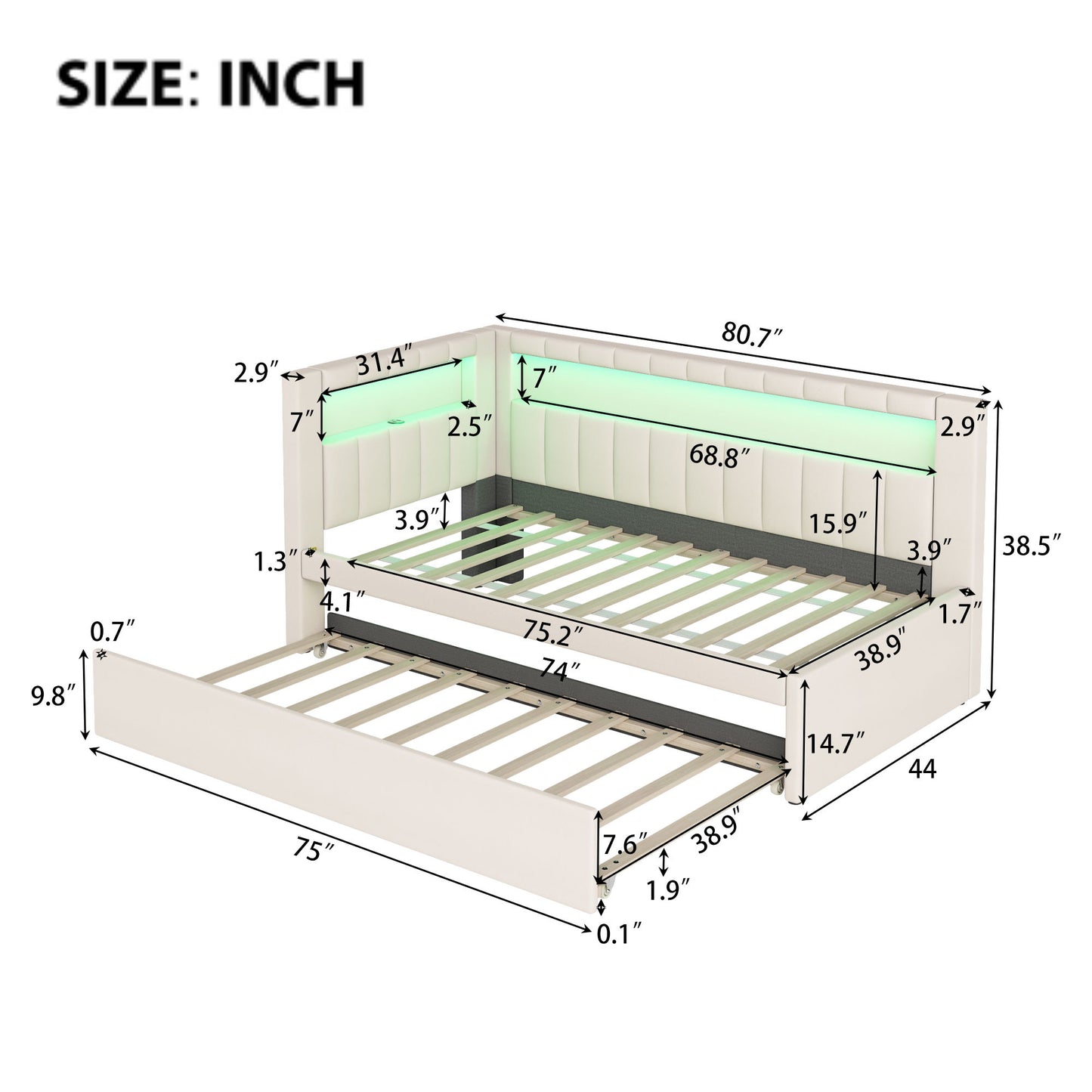 Upholstered Platform Bed With USB Ports And LED Belt