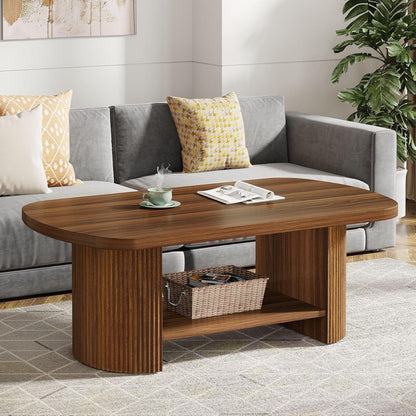 2 Tier Oval Coffee Table With Storage Shelf For Living Room - Rustic Brown
