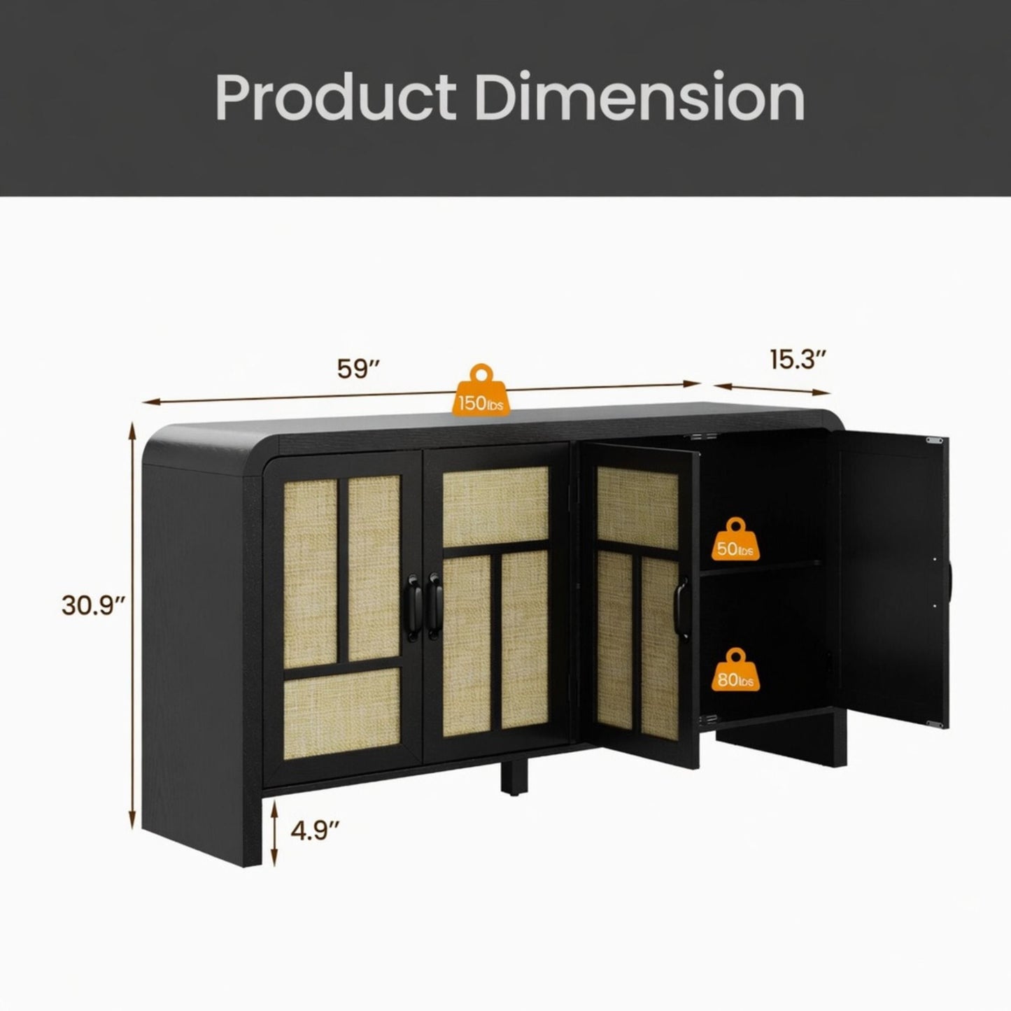 Sideboard Buffet Cabinet With 4 Doors & Adjustable Shelves - Black