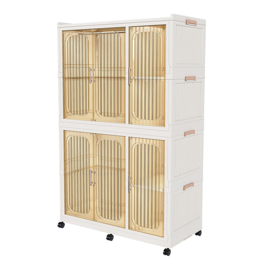 Portable Wardrobe Closet Storage Organizer For Clothes, 6 Magnetic Doors With 6 Cubes & 2 Hanging Rods, 6 Hangers - Cream White