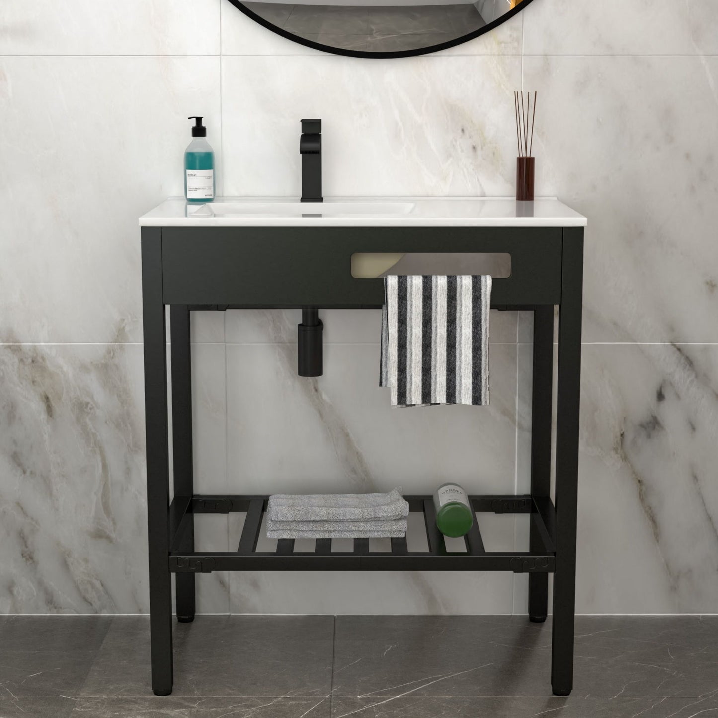 Console Sink With Legs, 32" X 18.5", Durable Porcela With Support - White / Black