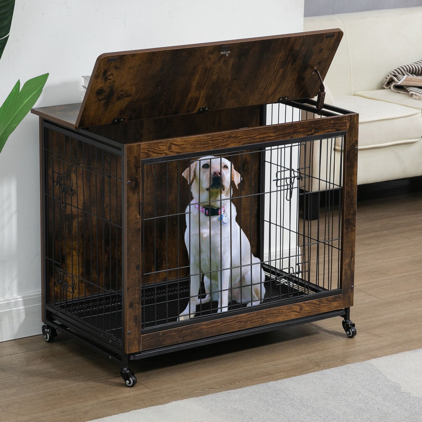 Dog Crate Furniture With Cushion, Wooden Dog Crate Table, Double-Doors Dog Furniture, Dog Kennel Indoor For Small Dog, Dog House, Dog Cage Small